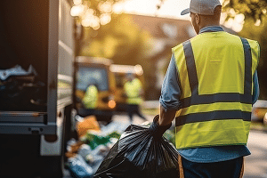 Removals expert completing a house clearance, wearing a high-vis vest and cap while carrying a black waste bag.